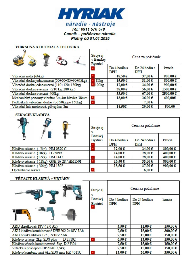 Cenník požičovne náradia Hyriak